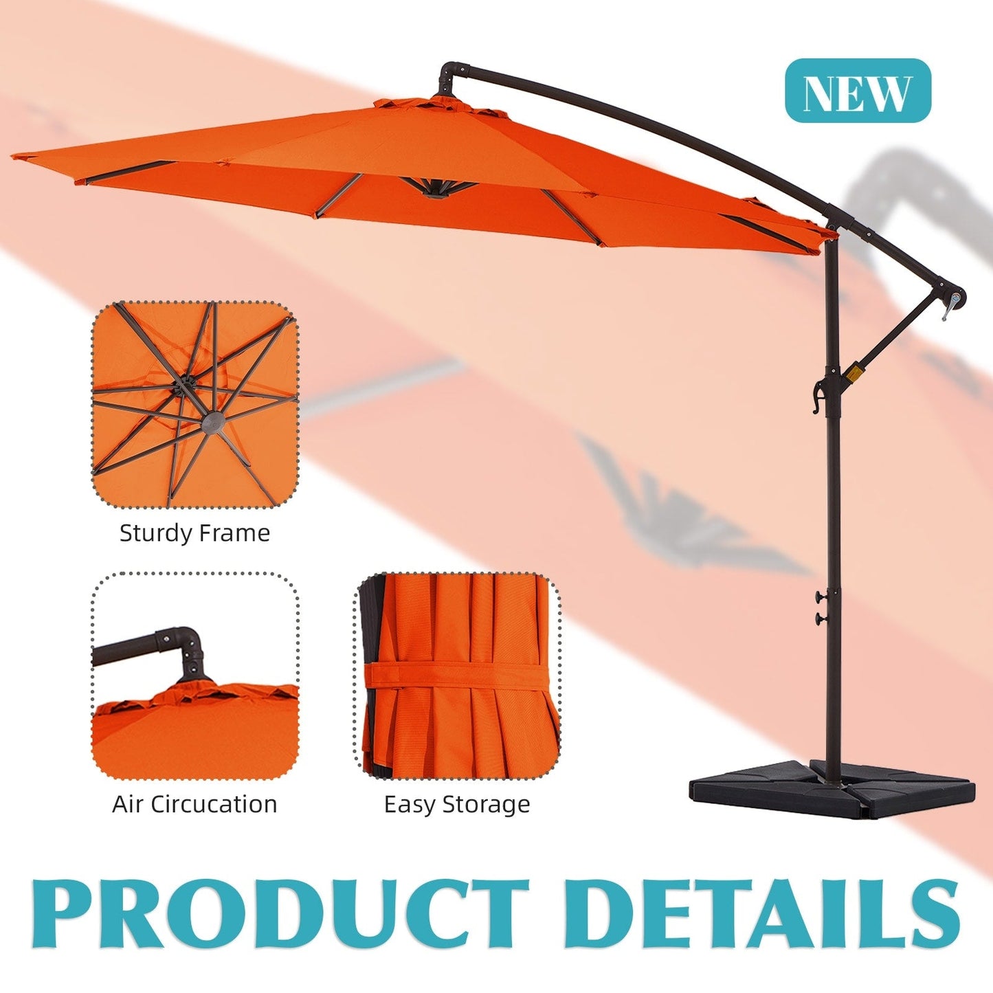 Parasol cantilever en acier de 3 m avec levier de manivelle et base lestée