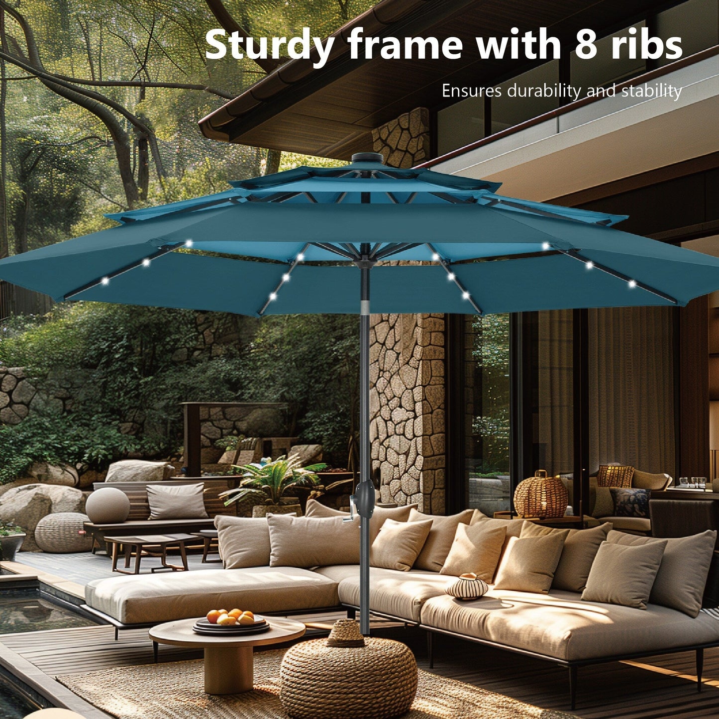 MAISON ARTS Parasol de jardin inclinable automatique à 3 niveaux de 3 mètres avec lumières LED et double ventilation