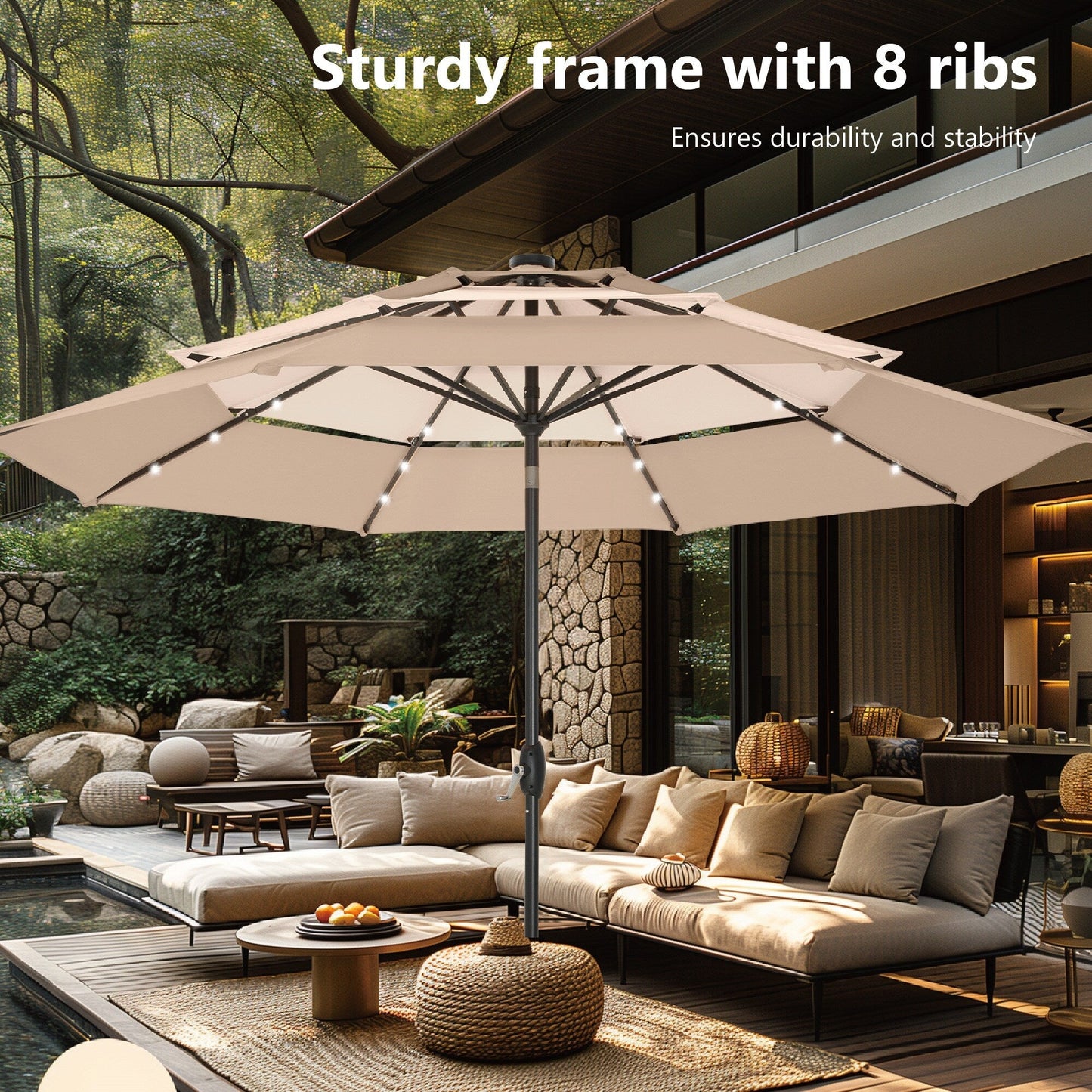 MAISON ARTS Parasol de jardin inclinable automatique à 3 niveaux de 3 mètres avec lumières LED et double ventilation