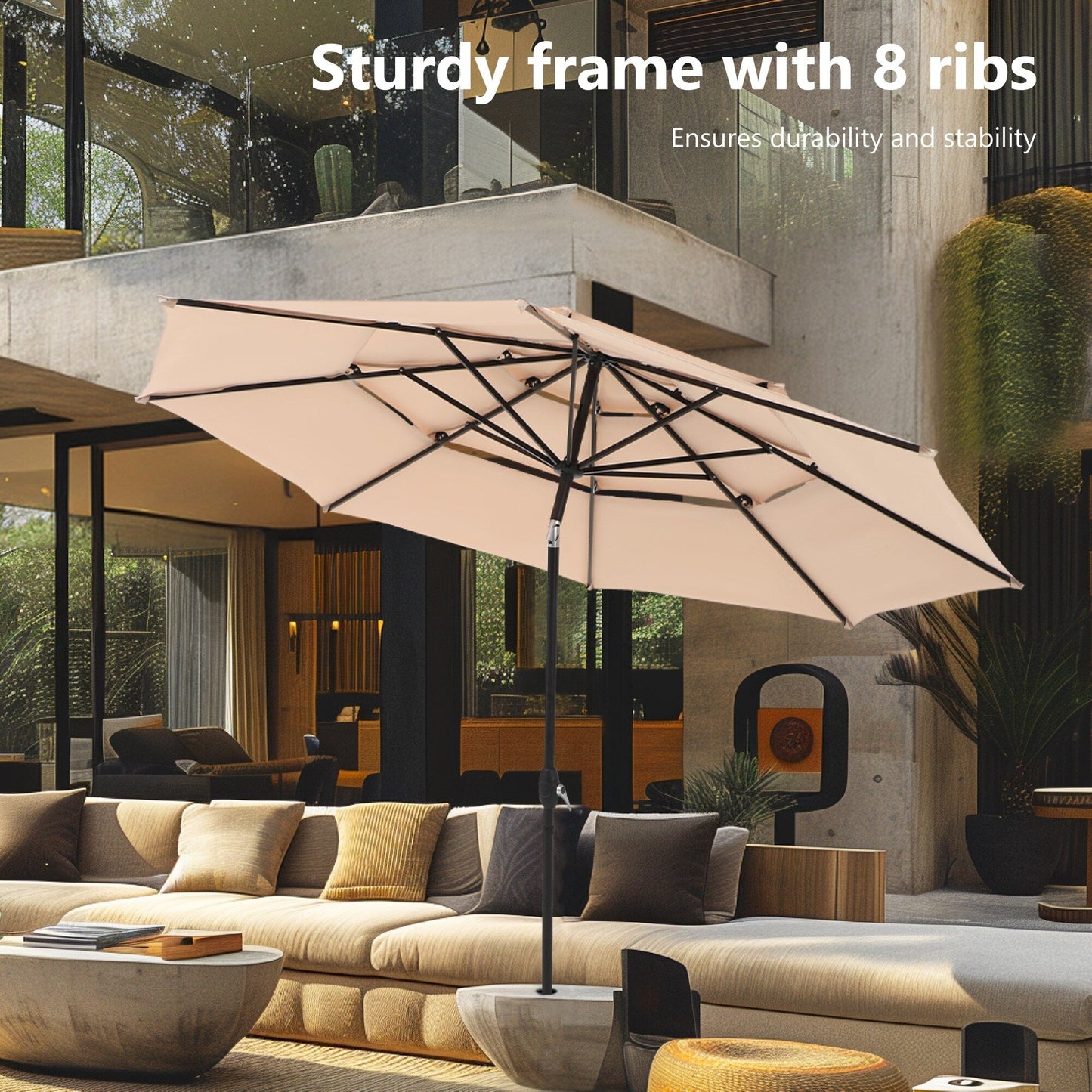 MAISON ARTS Parasol de jardin inclinable automatique à 3 niveaux de 3 mètres avec lumières LED et double ventilation