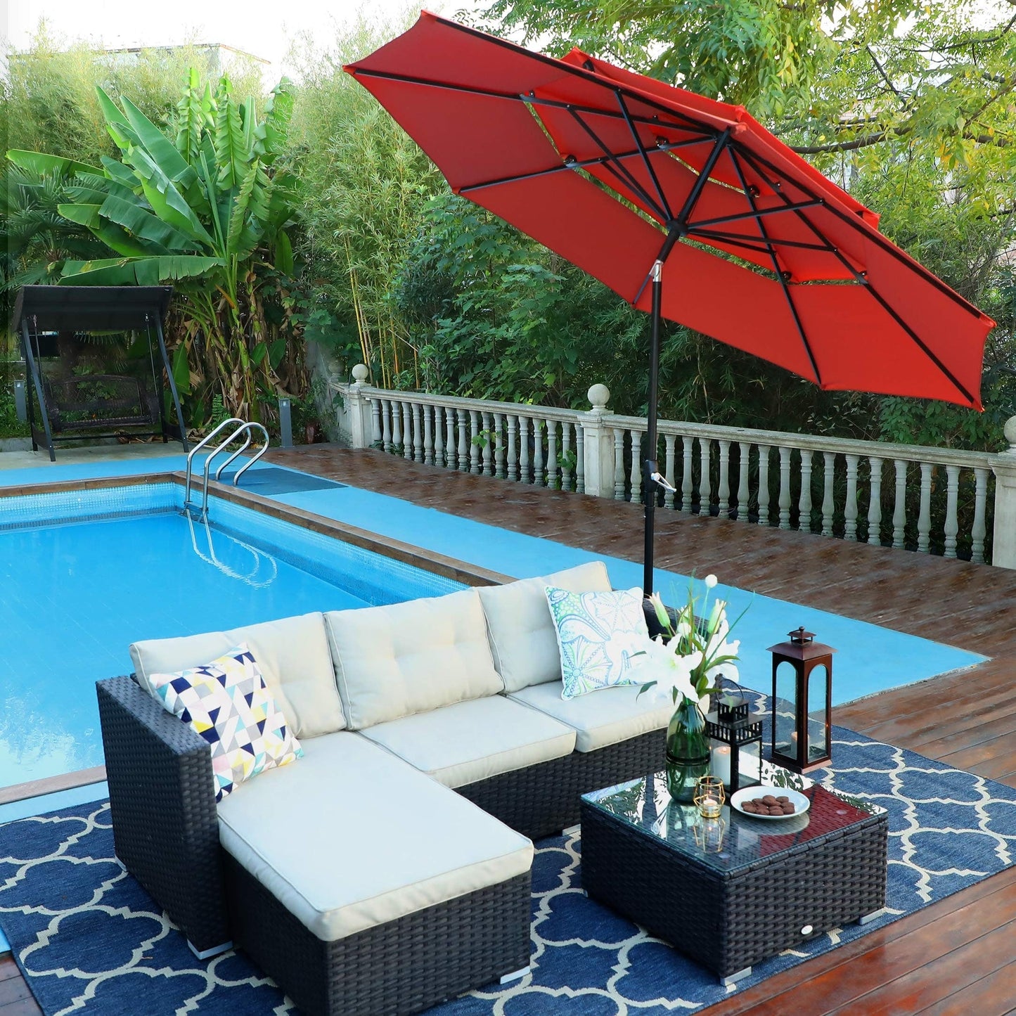MAISON ARTS Parasol de jardin inclinable automatique à 3 niveaux de 3 mètres avec lumières LED et double ventilation