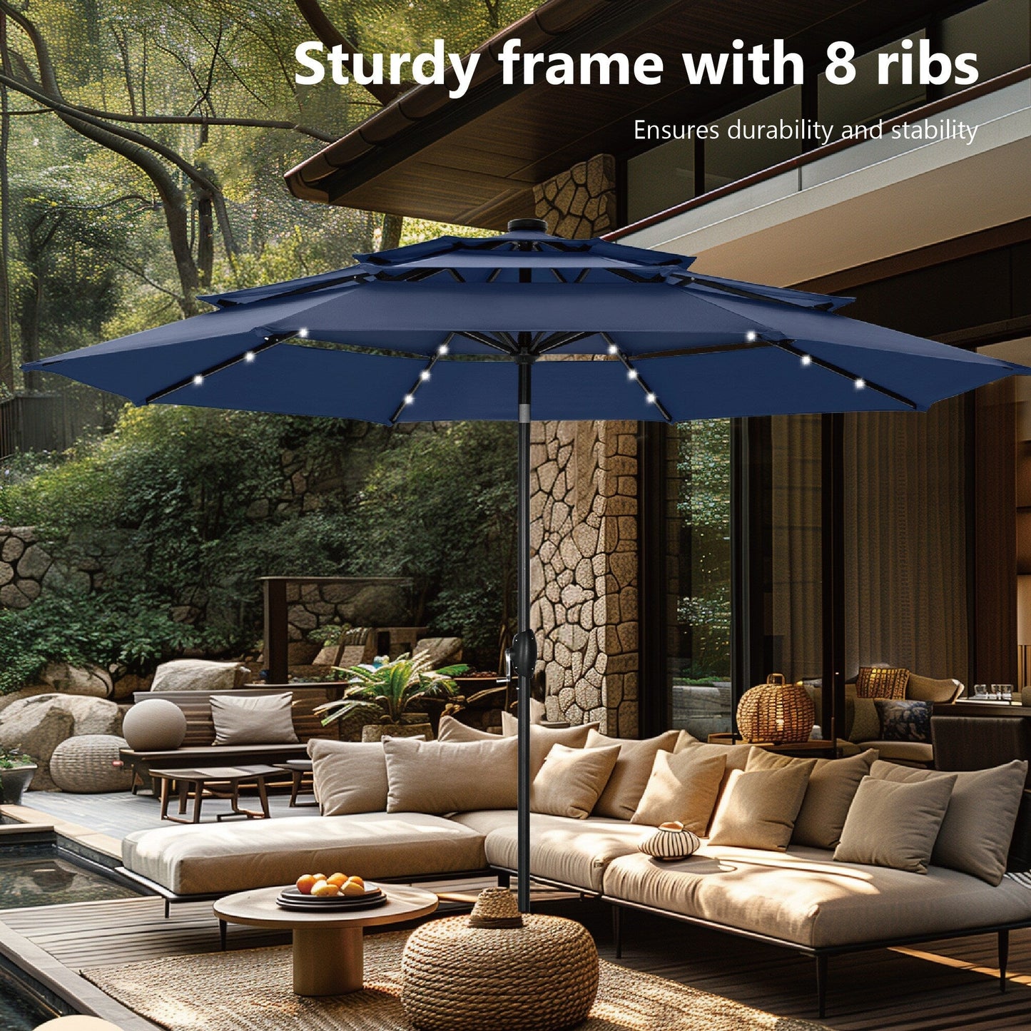 MAISON ARTS Parasol de jardin inclinable automatique à 3 niveaux de 3 mètres avec lumières LED et double ventilation