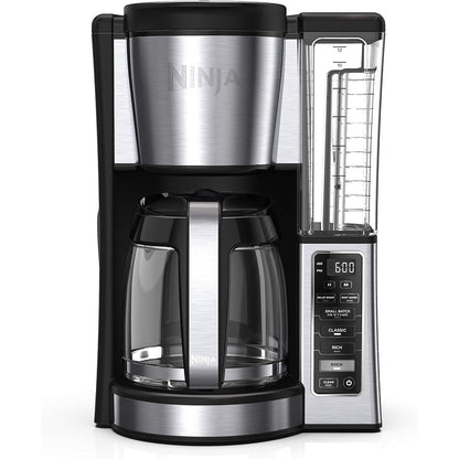 Machine à café programmable 12 tasses, 2 modes de préparation, plaque chauffante réglable, réservoir de 60 oz, fonction de préparation différée, acier inoxydable noir.