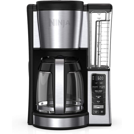 Machine à café programmable 12 tasses, 2 modes de préparation, plaque chauffante réglable, réservoir de 60 oz, fonction de préparation différée, acier inoxydable noir.
