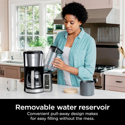 Machine à café programmable 12 tasses, 2 modes de préparation, plaque chauffante réglable, réservoir de 60 oz, fonction de préparation différée, acier inoxydable noir.