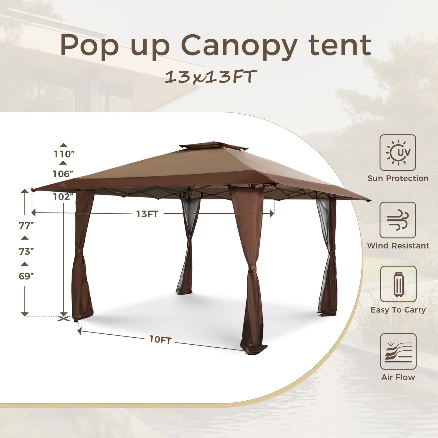 Caravane de jardin gonflable renforcée de 13' x 13' (3,96 m x 3,96 m) avec élégant rideau d'angle - 13x13ft