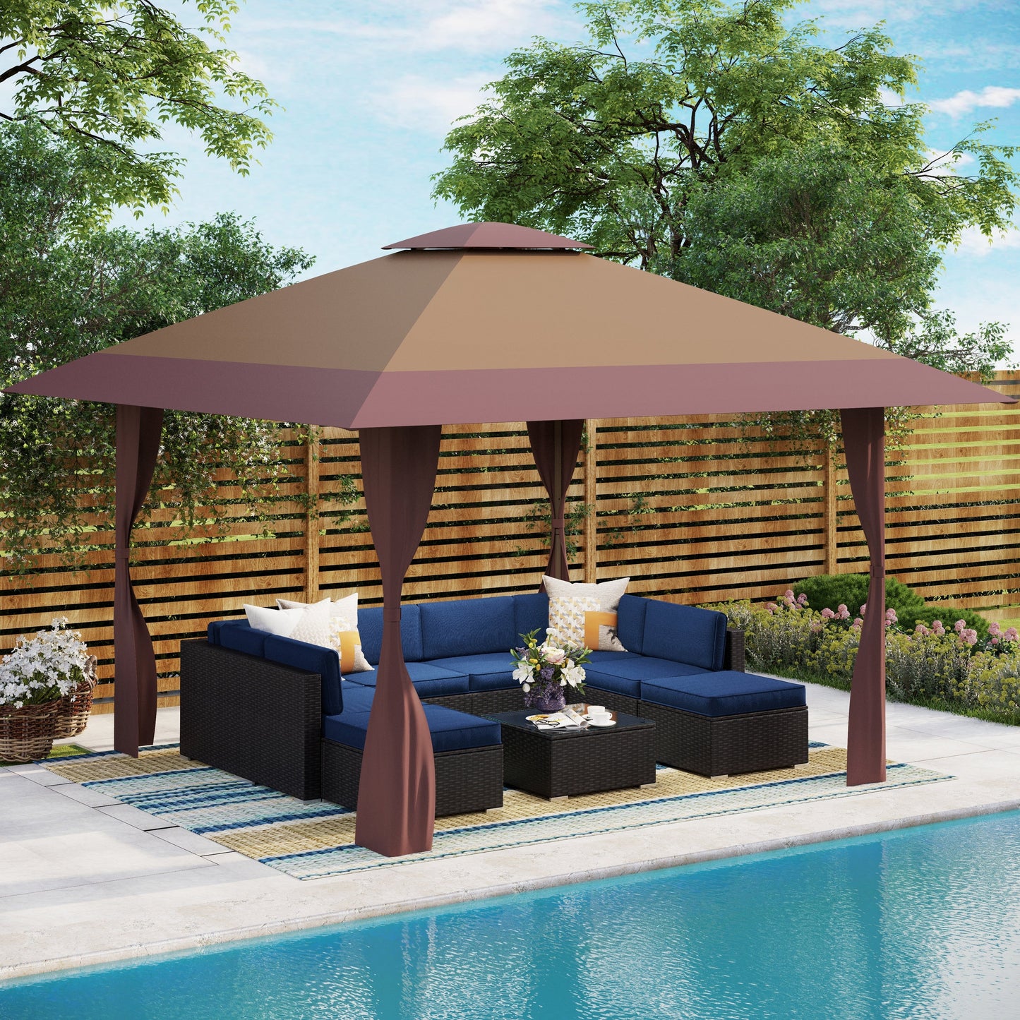 Caravane de jardin gonflable renforcée de 13' x 13' (3,96 m x 3,96 m) avec élégant rideau d'angle - 13x13ft