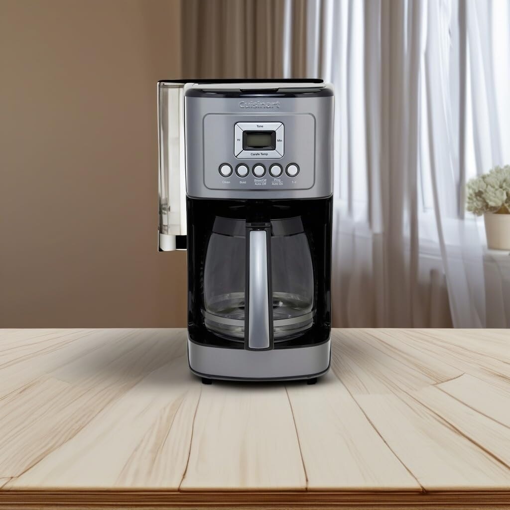 Cafetière automatique 14 tasses, carafe en verre, contrôle de la force du café, acier inoxydable noir mat.