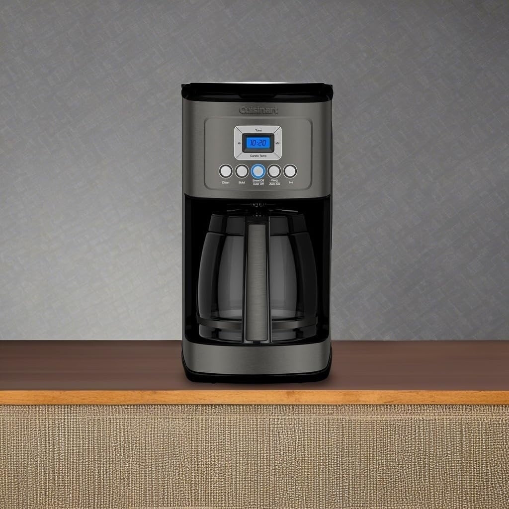 Cafetière programmable 14 tasses, carafe en verre, contrôle de la force du café, réglage 1-4 tasses, acier inoxydable noir.