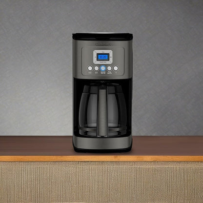 Cafetière programmable 14 tasses, carafe en verre, contrôle de la force du café, réglage 1-4 tasses, acier inoxydable noir.
