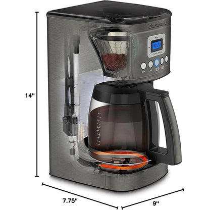 Cafetière programmable 14 tasses, carafe en verre, contrôle de la force du café, réglage 1-4 tasses, acier inoxydable noir.