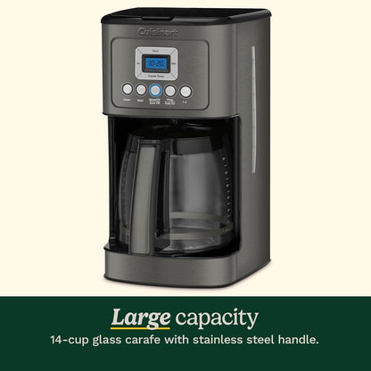 Cafetière programmable 14 tasses, carafe en verre, contrôle de la force du café, réglage 1-4 tasses, acier inoxydable noir.