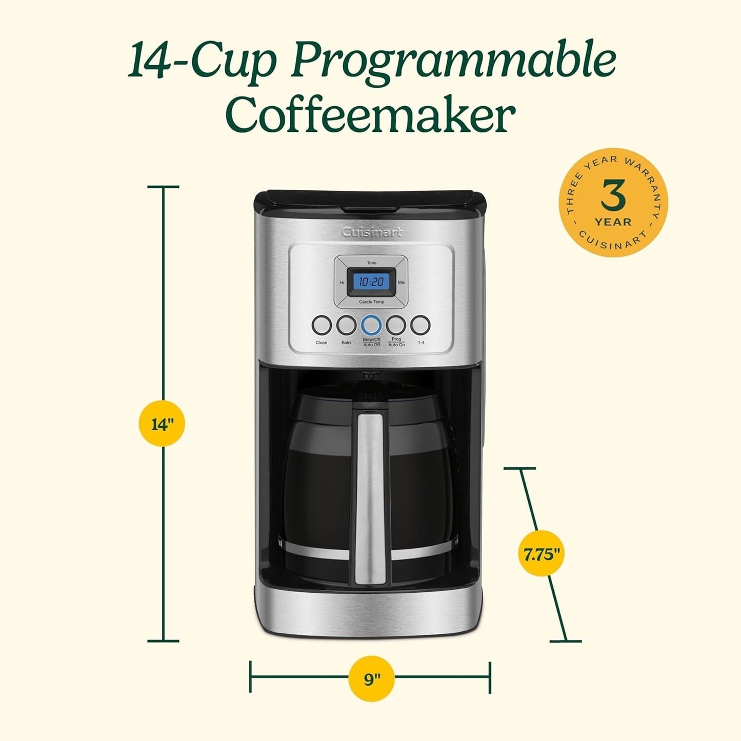 Machine à café programmable 14 tasses, carafe en verre, contrôle de la force du café, réglage 1 à 4 tasses, acier inoxydable