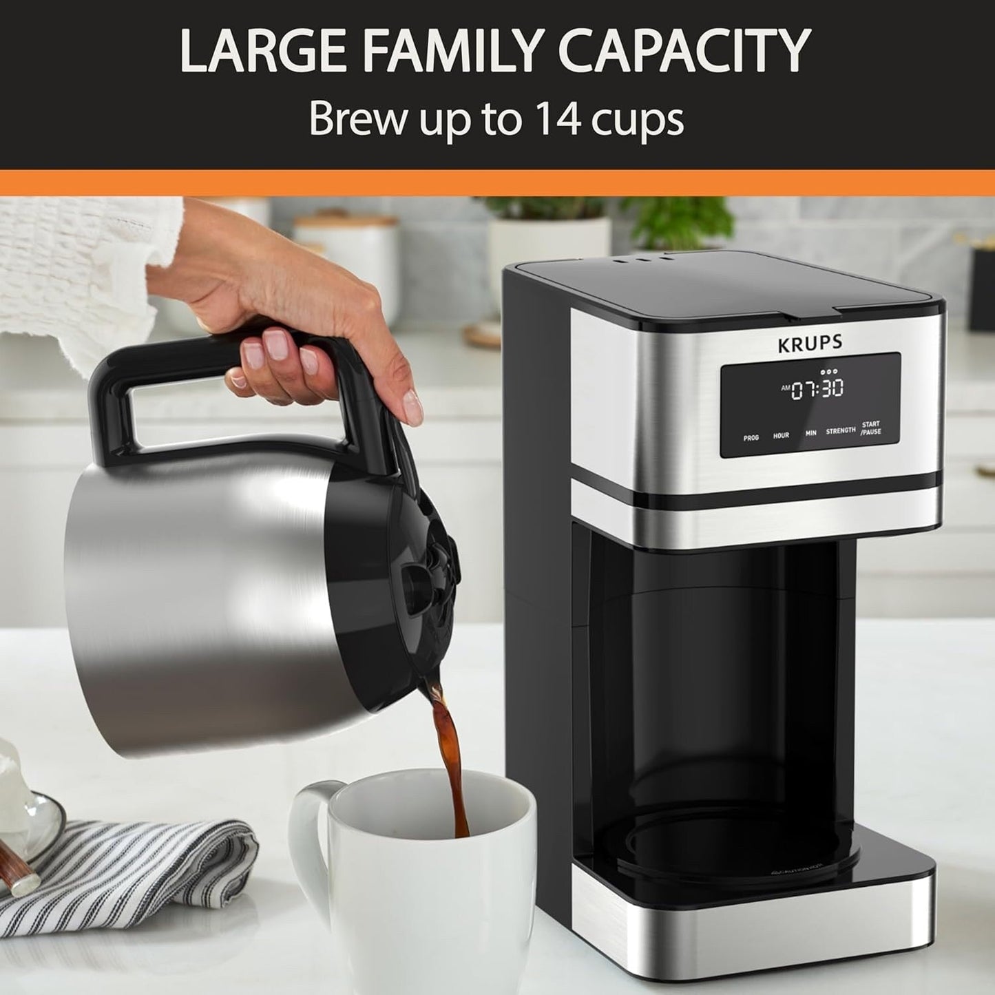 Machine à café programmable 14 tasses, carafe en acier inoxydable, 3 intensités de café, minuterie 24h, maintien au chaud 4h