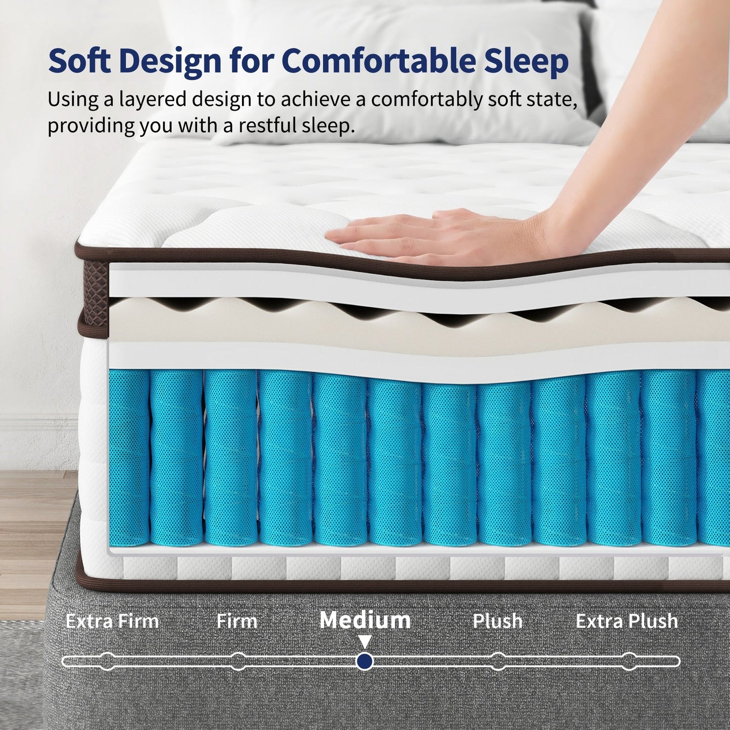 Matelas hybride 14 pouces - Mousse à mémoire de forme au gel de charbon de bambou et ressorts ensachés à 7 zones, fermeté moyenne, essai de 100 nuits