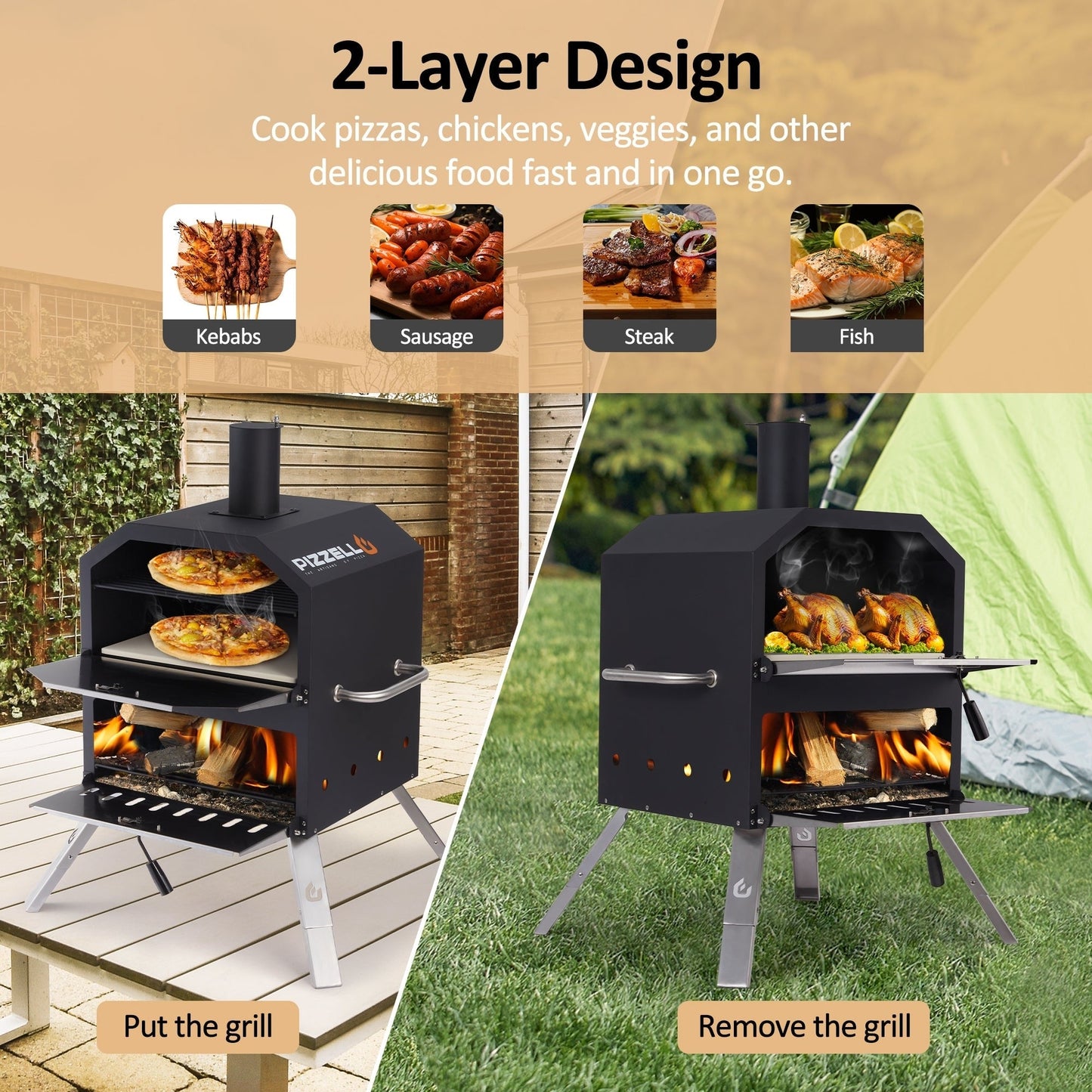 Four à pizza extérieur à 2 niveaux, four à bois pour pizza, barbecue extérieur pour camping - 16 pouces