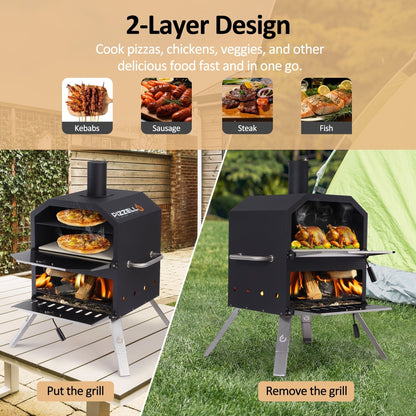 Four à pizza extérieur à 2 niveaux, four à bois pour pizza, barbecue extérieur pour camping - 16 pouces