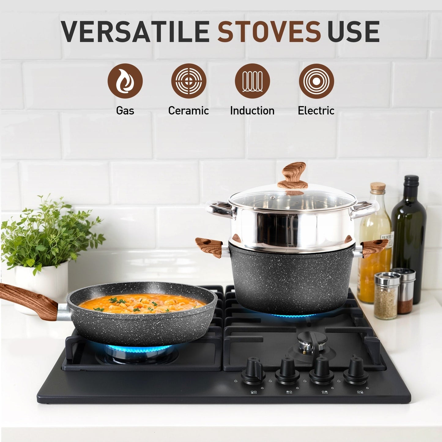 Ensemble de cuisine 17 pièces en granit, ensemble de casseroles et poêles antiadhésives.
