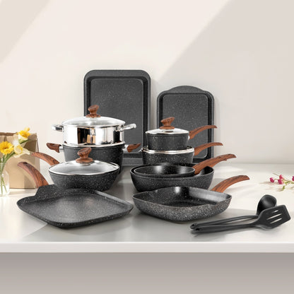Ensemble de cuisine 17 pièces en granit, ensemble de casseroles et poêles antiadhésives.