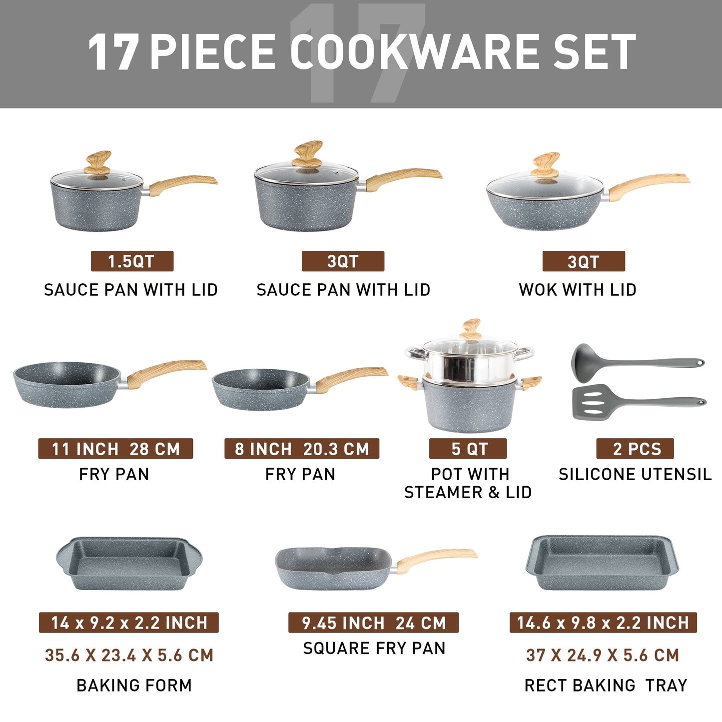 Ensemble de cuisine 17 pièces en granit, ensemble de casseroles et poêles antiadhésives.