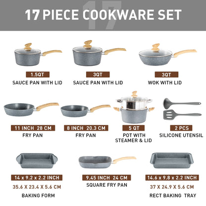 Ensemble de cuisine 17 pièces en granit, ensemble de casseroles et poêles antiadhésives.