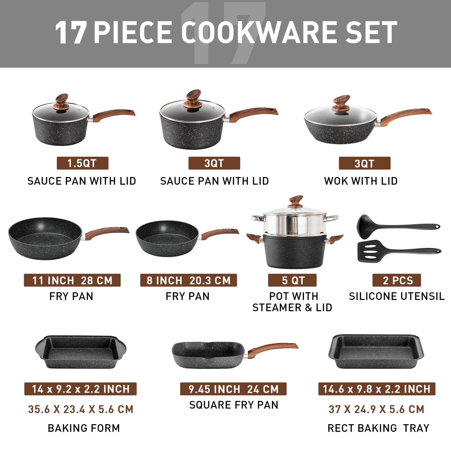 Ensemble de cuisine 17 pièces en granit, ensemble de casseroles et poêles antiadhésives.