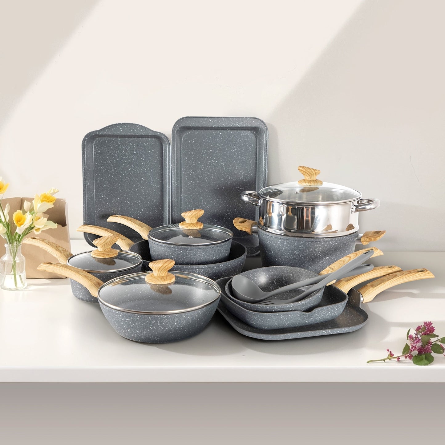 Ensemble de cuisine 17 pièces en granit, ensemble de casseroles et poêles antiadhésives.