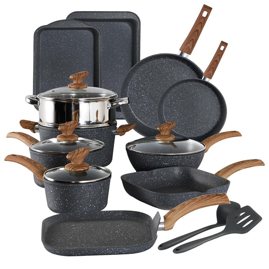 Ensemble de cuisine 17 pièces en granit, ensemble de casseroles et poêles antiadhésives.