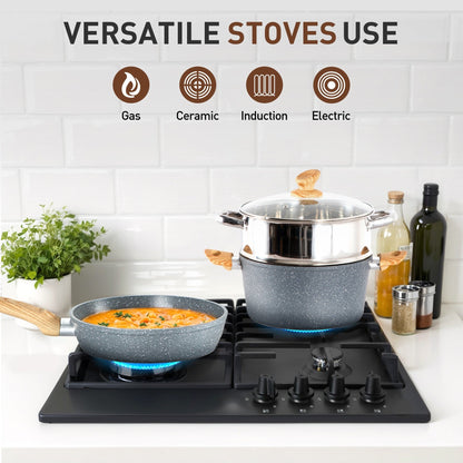 Ensemble de cuisine 17 pièces en granit, ensemble de casseroles et poêles antiadhésives.