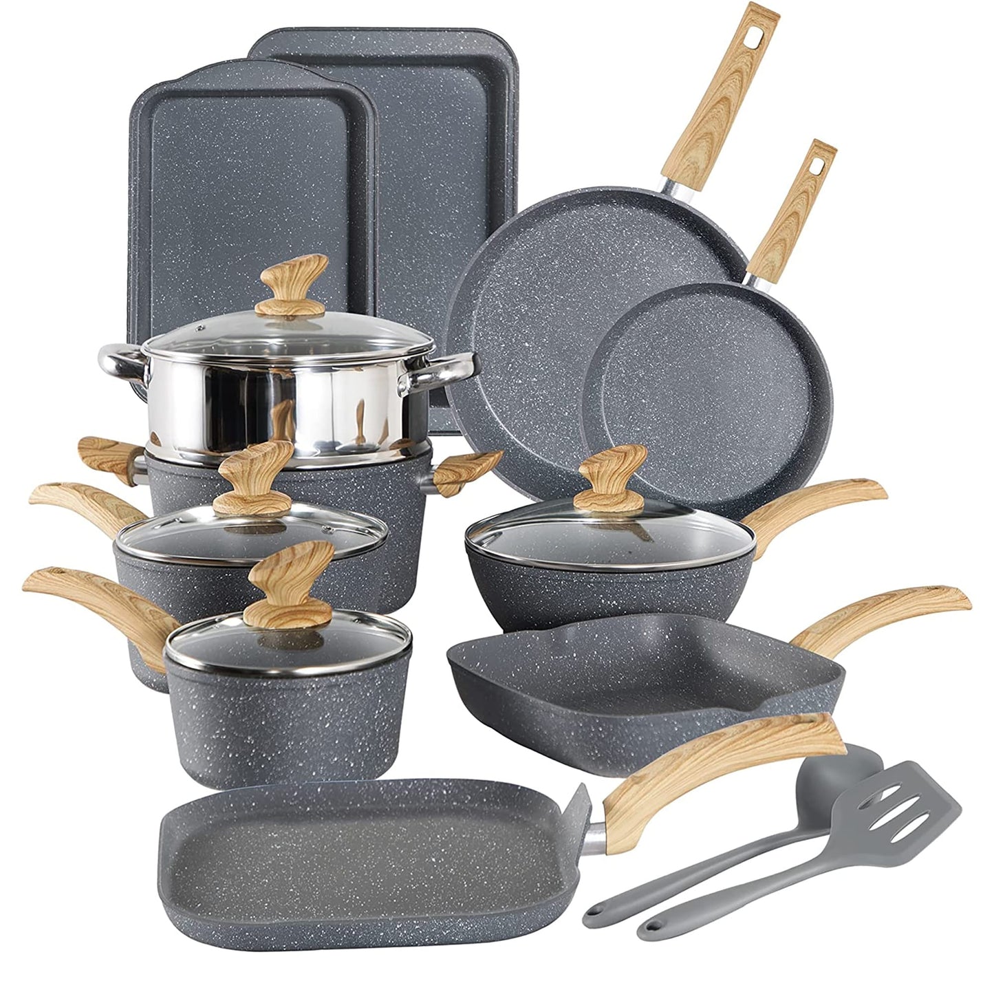 Ensemble de cuisine 17 pièces en granit, ensemble de casseroles et poêles antiadhésives.