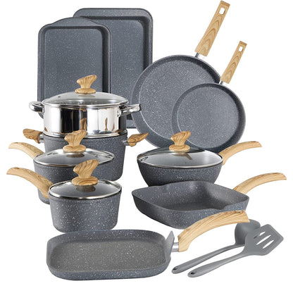 Ensemble de cuisine 17 pièces en granit, ensemble de casseroles et poêles antiadhésives.