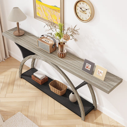 Table de console étroite et longue à 2 niveaux avec cadre semi-circulaire pour entrée, tables d'appoint de couloir grises