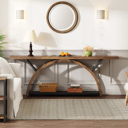 Table de console étroite et longue à 2 niveaux avec cadre semi-circulaire pour entrée, tables d'appoint de couloir grises