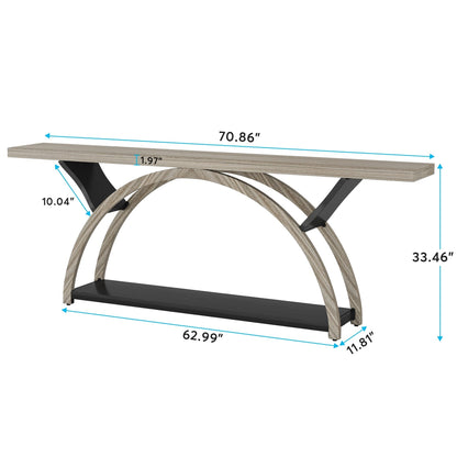 Table de console étroite et longue à 2 niveaux avec cadre semi-circulaire pour entrée, tables d'appoint de couloir grises