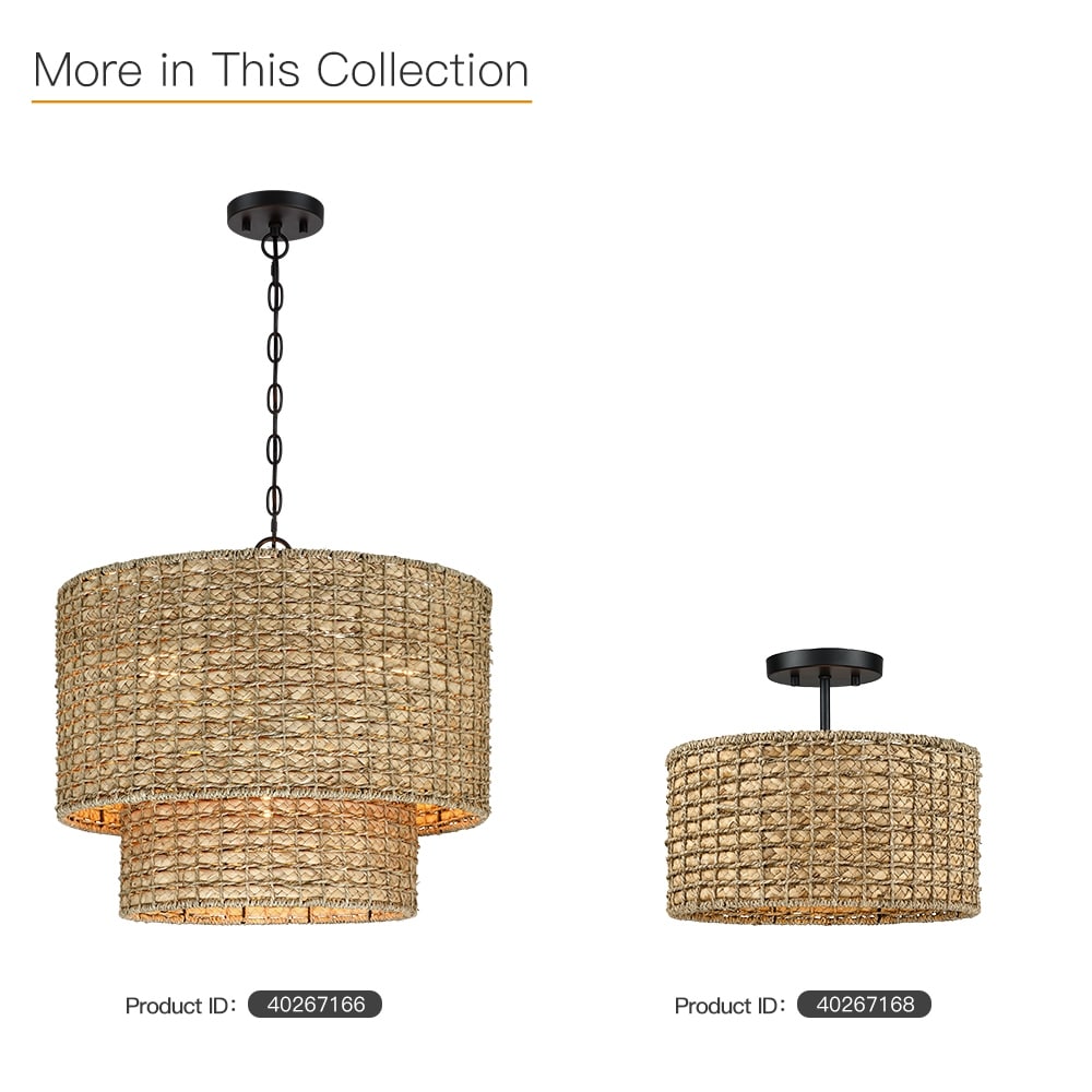 Suspension à 4 lumières en rotin naturel, style tambour traditionnel, avec abat-jour noir - Noir/terre - 50,8 cm de largeur