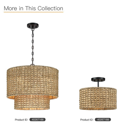 Suspension à 4 lumières en rotin naturel, style tambour traditionnel, avec abat-jour noir - Noir/terre - 50,8 cm de largeur