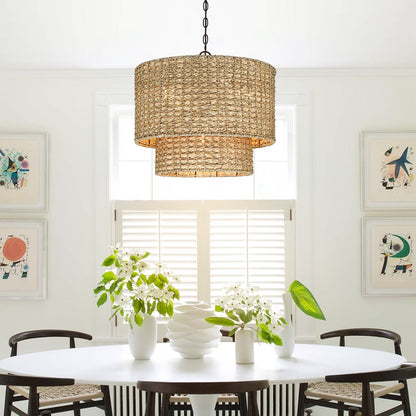 Suspension à 4 lumières en rotin naturel, style tambour traditionnel, avec abat-jour noir - Noir/terre - 50,8 cm de largeur
