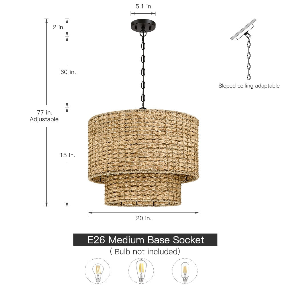 Suspension à 4 lumières en rotin naturel, style tambour traditionnel, avec abat-jour noir - Noir/terre - 50,8 cm de largeur