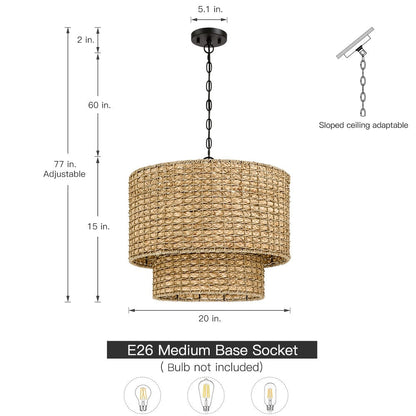 Suspension à 4 lumières en rotin naturel, style tambour traditionnel, avec abat-jour noir - Noir/terre - 50,8 cm de largeur