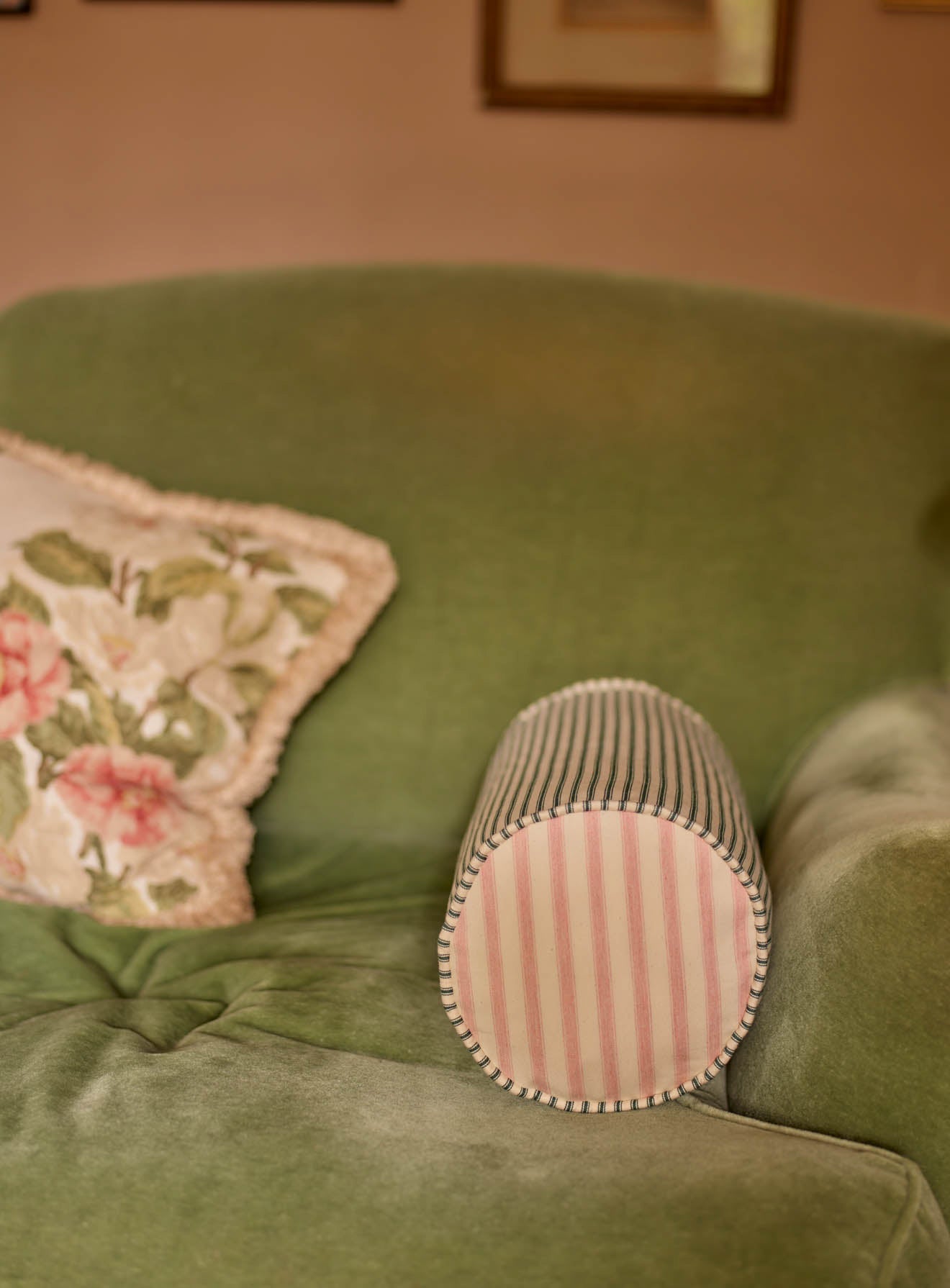 Coussin traversin, fine rayure verte