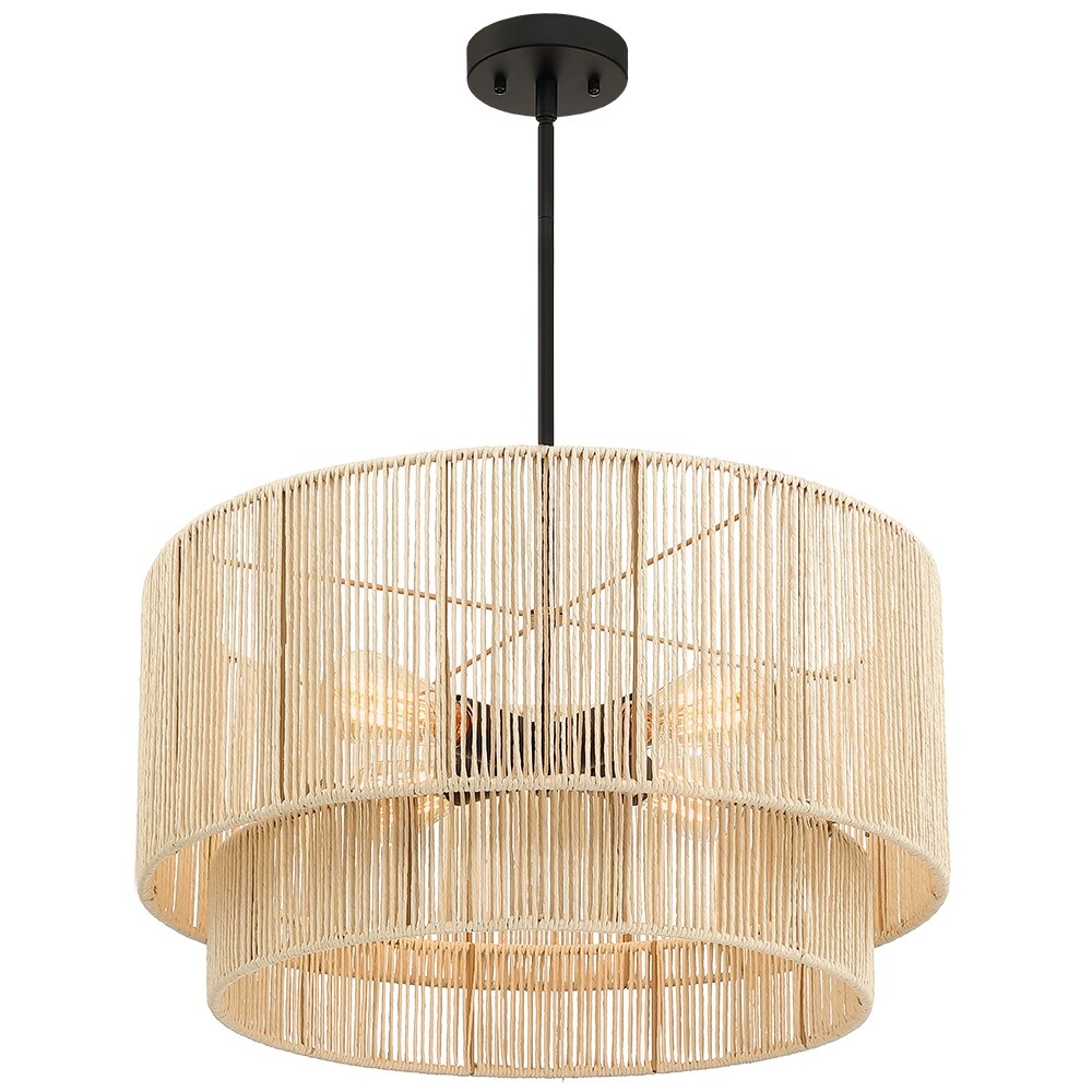 Suspension à 4 lumières en rotin à plusieurs niveaux, avec abat-jour noir - 56 cm de largeur