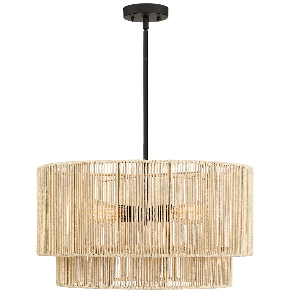 Suspension à 4 lumières en rotin à plusieurs niveaux, avec abat-jour noir - 56 cm de largeur