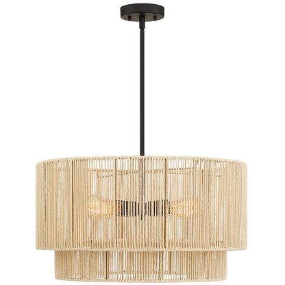 Suspension à 4 lumières en rotin à plusieurs niveaux, avec abat-jour noir - 56 cm de largeur
