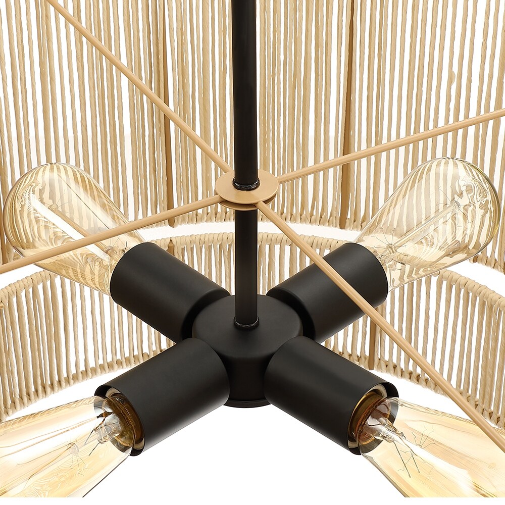 Suspension à 4 lumières en rotin à plusieurs niveaux, avec abat-jour noir - 56 cm de largeur