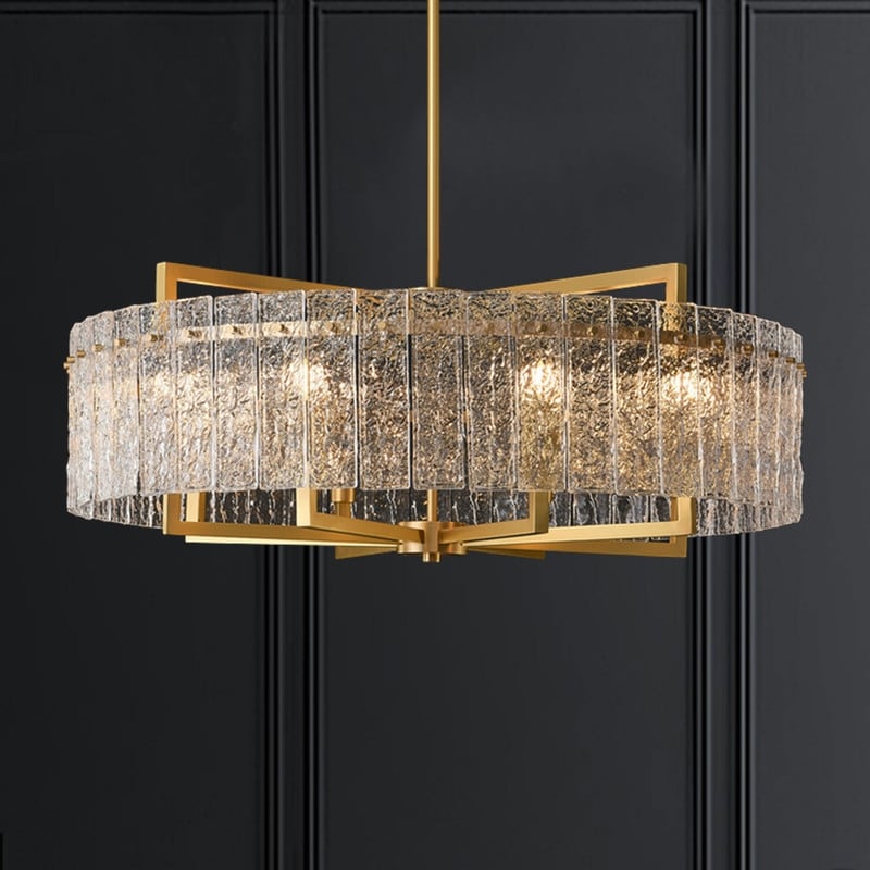 Luminaire suspendu à 6 lumières, style moderne, doré, en forme de tambour, avec cristaux, abat-jour en verre dépoli, pour salle à manger, cuisine, îlot central, 65 cm (26 po)