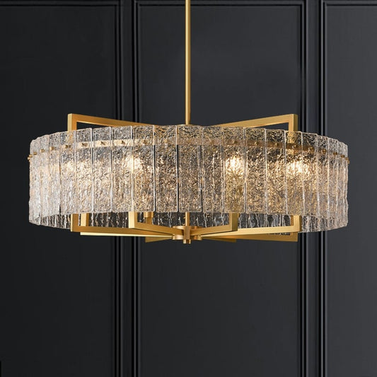 Luminaire suspendu à 6 lumières, style moderne, doré, en forme de tambour, avec cristaux, abat-jour en verre dépoli, pour salle à manger, cuisine, îlot central, 65 cm (26 po)
