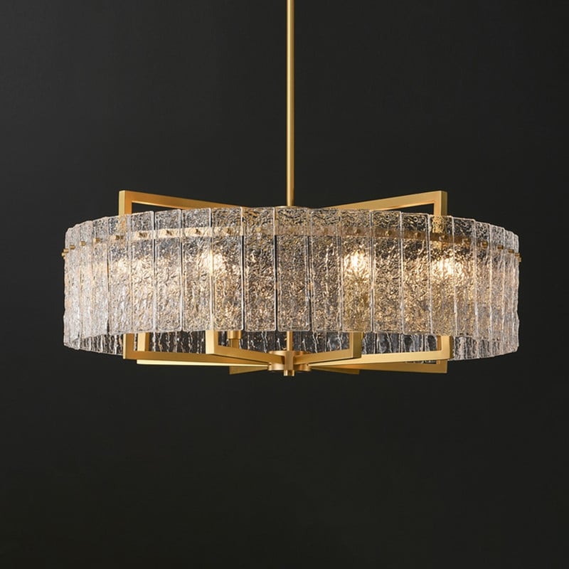 Luminaire suspendu à 6 lumières, style moderne, doré, en forme de tambour, avec cristaux, abat-jour en verre dépoli, pour salle à manger, cuisine, îlot central, 65 cm (26 po)