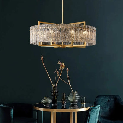 Luminaire suspendu à 6 lumières, style moderne, doré, en forme de tambour, avec cristaux, abat-jour en verre dépoli, pour salle à manger, cuisine, îlot central, 65 cm (26 po)