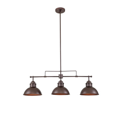 Suspension à 3 lumières à dôme de style industriel et rustique, en métal, pour îlot de cuisine, finition bronze huilé.