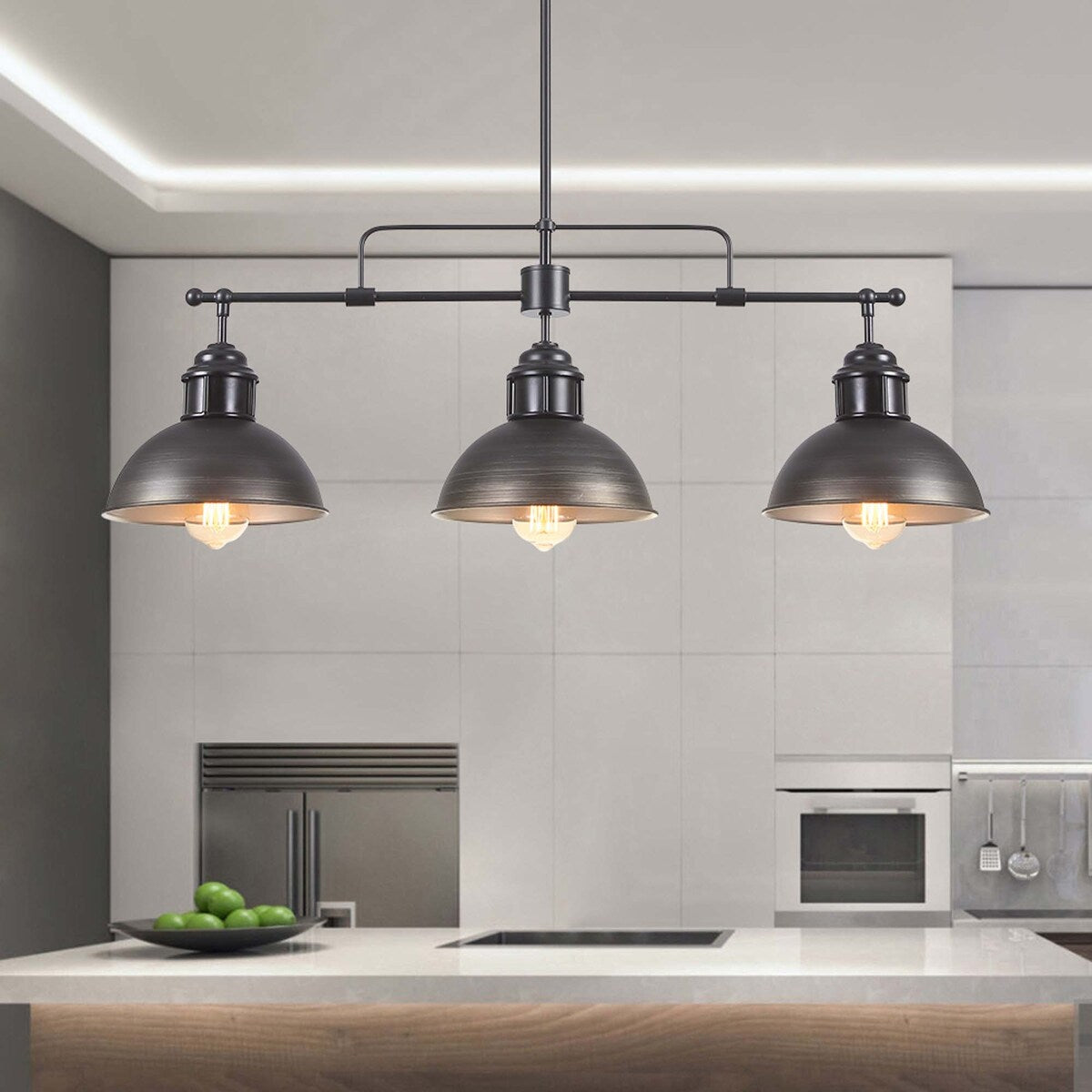 Suspension à 3 lumières à dôme de style industriel et rustique, en métal, pour îlot de cuisine, finition bronze huilé.